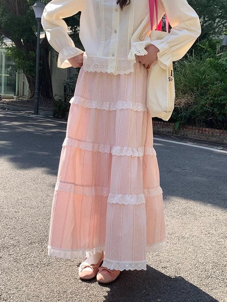 Preppy Plaid Lace Patchwork Skirt